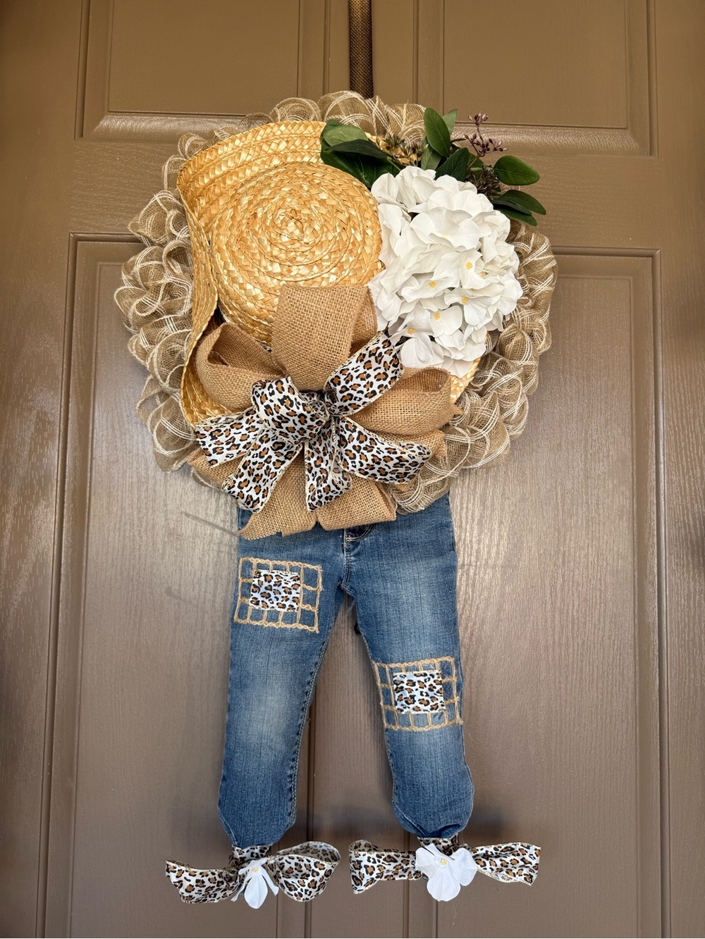 Straw Hat & Denim Floral Door Wreath – White Hydrangea with Leopard Accent